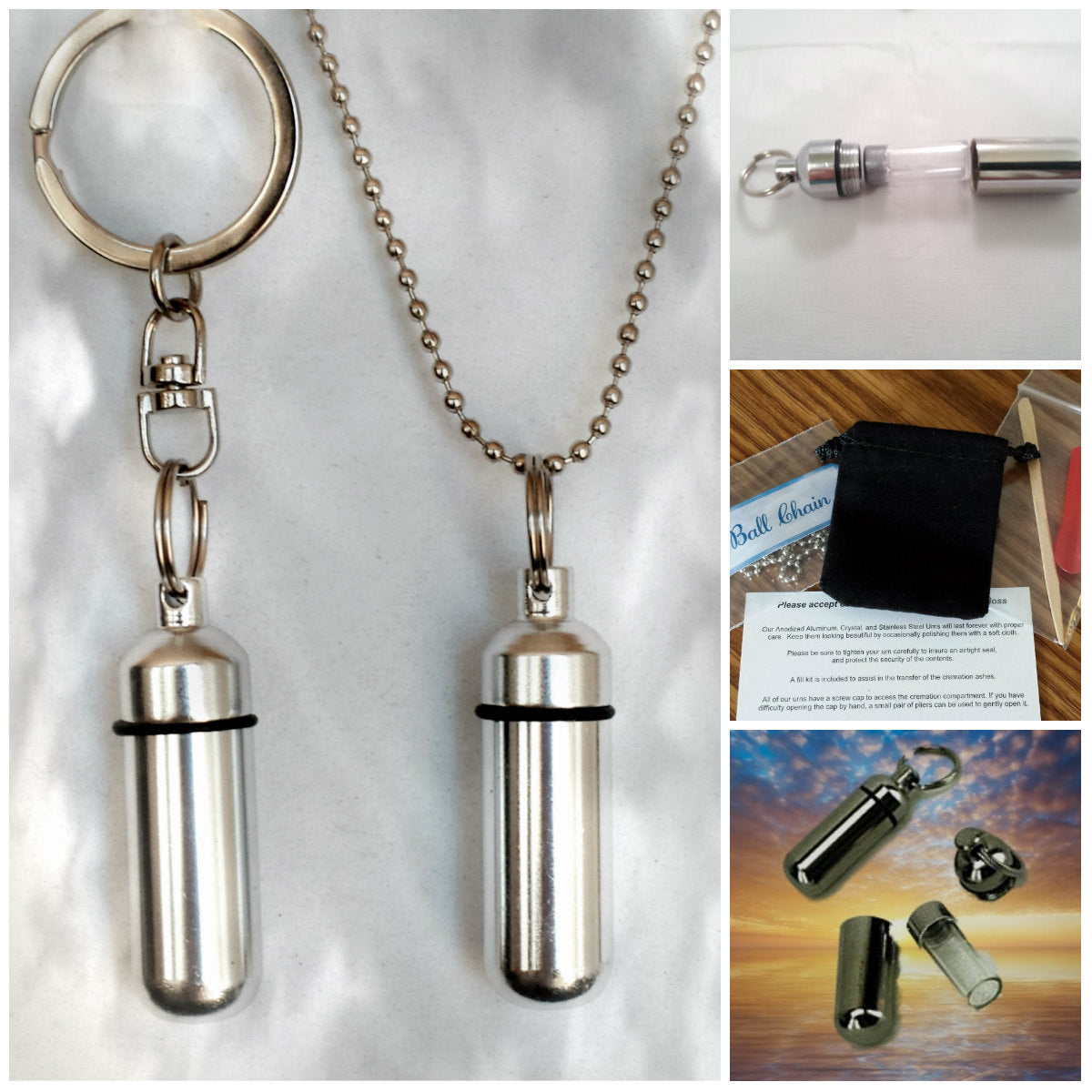 CLASSIC  2pc. Special Set - Cremation Urn Necklace & Keychain Urn and Velvet Pouches