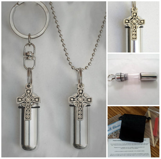 Celtic Cross  2pc. Special Set - Cremation Urn Necklace & Keychain Urn - Custom Engravable, Loss of Loved One, Keepsake, Child Loss