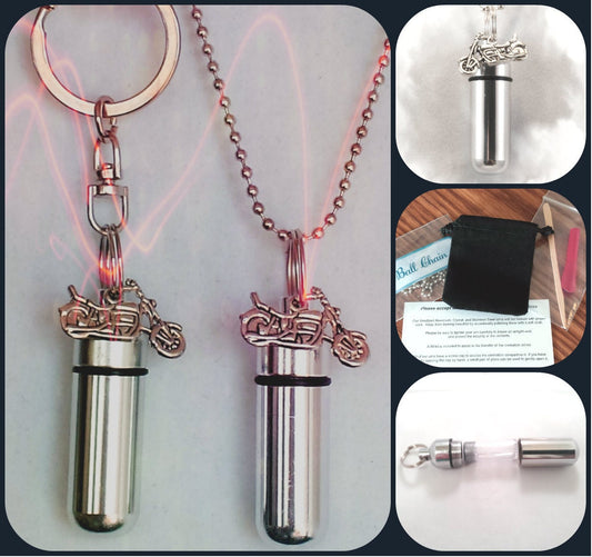 Silver MOTORCYCLE  2pc. Special Set - Cremation Necklace Urn & Keychain Urn and Velvet Pouches - Memorial Jewelry