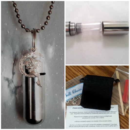Angel on Moon Cremation Urn Necklace - Silver Keepsake Jewelry