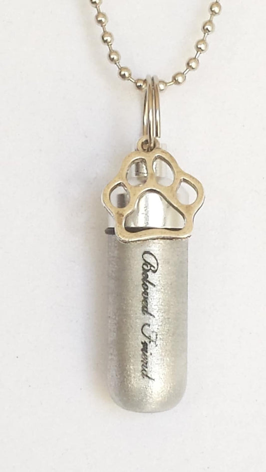 Engraved 'Beloved Friend' Pet Cremation Urn Necklace with Brass Paw