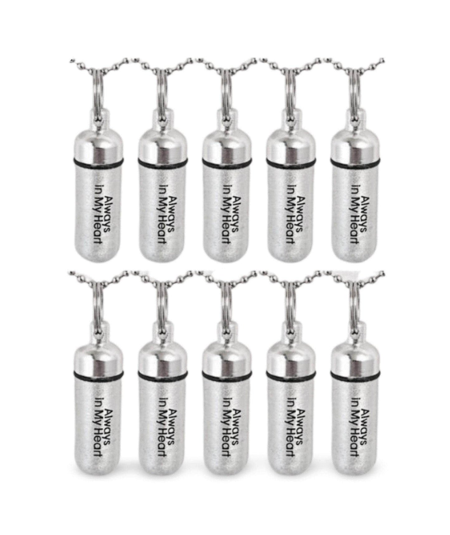 TEN Brushed Silver Cremation Urn Necklaces - ENGRAVED: "Always In My Heart" -  Memorial Keepsakes