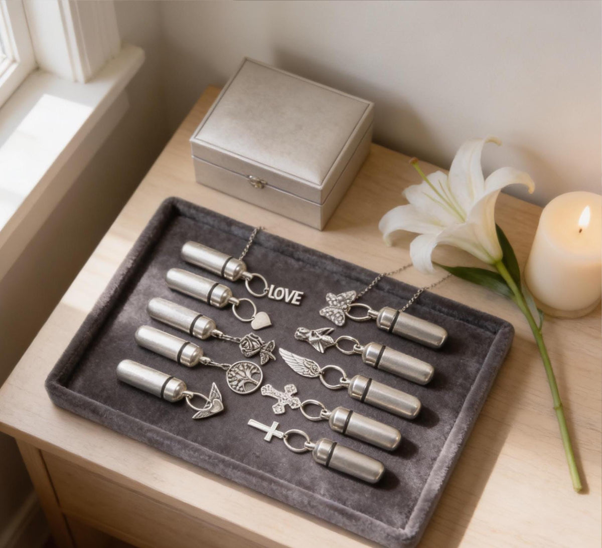 Assortment of 10 Brushed Silver CREMATION URN Necklaces - Memorial Jewelry, Personalized
