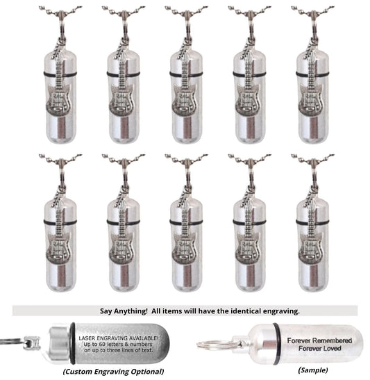 Set of TEN Silver CREMATION URN Keepsakes w/Electric Guitars - Ashes Necklace, Memorial Keepsake, Mourning Jewelry, Engraving Available