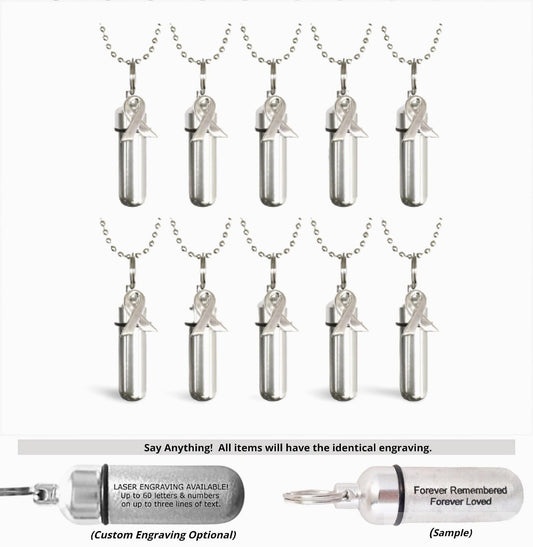 Set of TEN Silver Cancer Awareness CREMATION URN Necklace - Ashes Necklace, Memorial Jewelry, Mourning Jewelry, Personalized, Loss of Mother