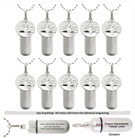 Ten Brushed Silver Tree-Of-Life CREMATION URN Necklaces, Personalized, Mourning Jewelry, Loss of Loved One