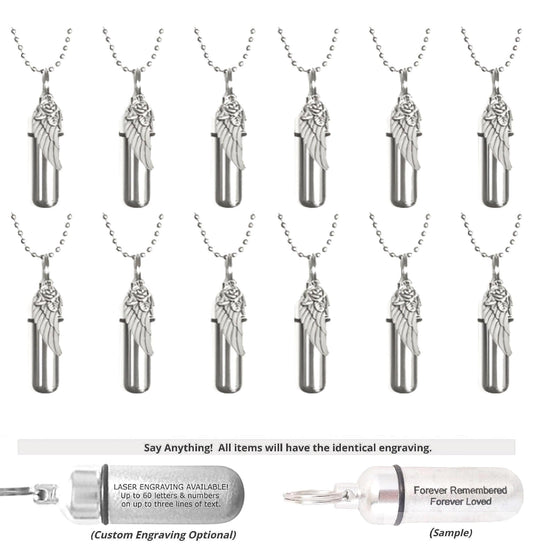 Set of 12 CREMATION URN NECKLACES  "Angel Wing with Rose"   Memorial Jewelry,  Personalized Urns