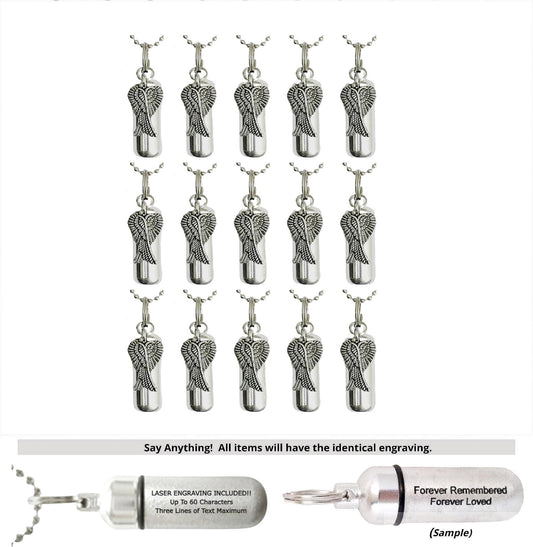 Set of 15 Angel Wings Cremation Necklaces, Memorial Jewelry, TSA Compliant