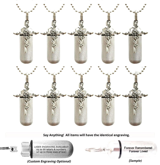Set of TEN Brushed Silver CREMATION URN Necklaces with Rose Crosses - Ashes Necklace, Memorial Jewelry, Mourning Jewelry, Personalized Urn