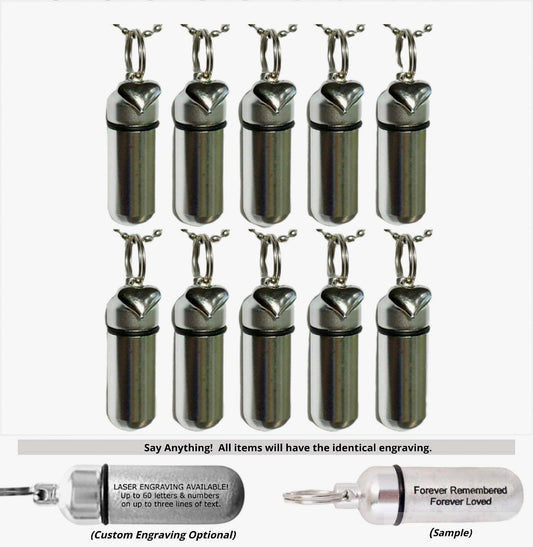 TEN Silver Cremation Urn Necklaces w/Silver Puffed Hearts, Pet Loss, Child Loss, Sympathy Gift