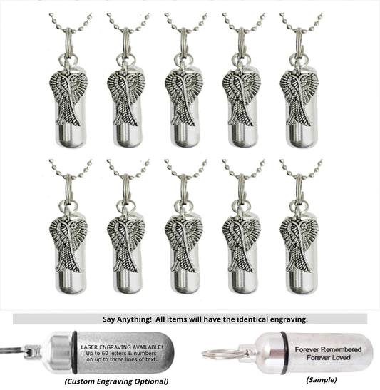 TEN Silver Cremation Urn Necklaces w/Angel Wings - Memorial Jewelry, Personalization Available