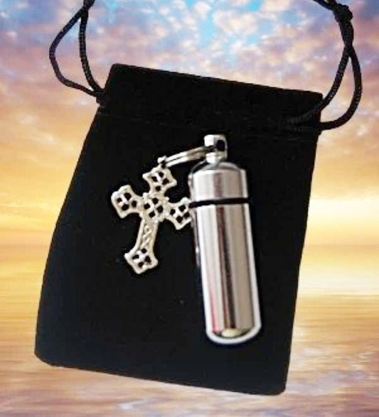 Cremation Urn Keepsake with Silver Filigree Cross Charm - Memorial Jewelry, Ashes Keepsake, Mourning, Child Loss, Bereavement, Personalized