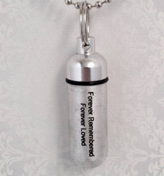 Engraved "Forever Remembered, Forever Loved" Brushed Silver Cremation Urn Swivel Keychain with Velvet Pouch & Fill Kit - Ashes Jewelry