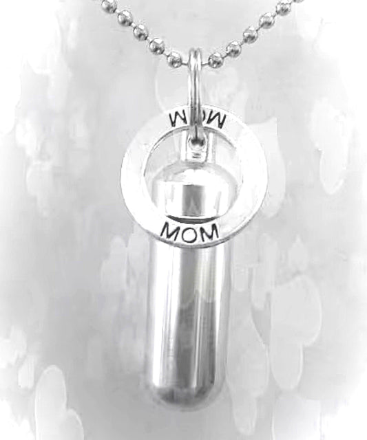 Silver CREMATION URN on 24" Ball Chain Necklace with Engraved MOM Ring Pendant - Loss of Loved One. Loss of Mother,