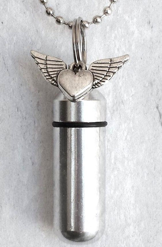 Winged Heart Cremation Urn on 24" Necklace  with Velvet Pouch & Fill Kit - Memorial Jewelry, Ashes Keepsake, Child Urn, Pet Urn