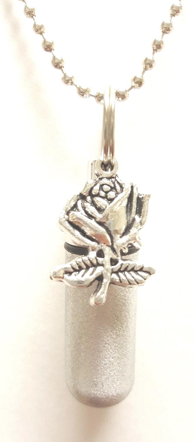 Lovely Brushed Silver Rose Anointing Oil Necklace Includes Black Velvet Pouch, Healing, communion, Baptism, Health, Prayers, Essential Oil