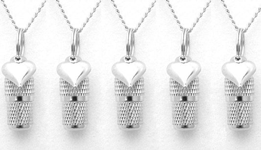 Beautiful Faceted Set of FIVE Mini Cremation Urns on Ball Chain Necklaces w/Silver Hearts - Hand Assembled with 5 Velvet Pouches & Fill Kit