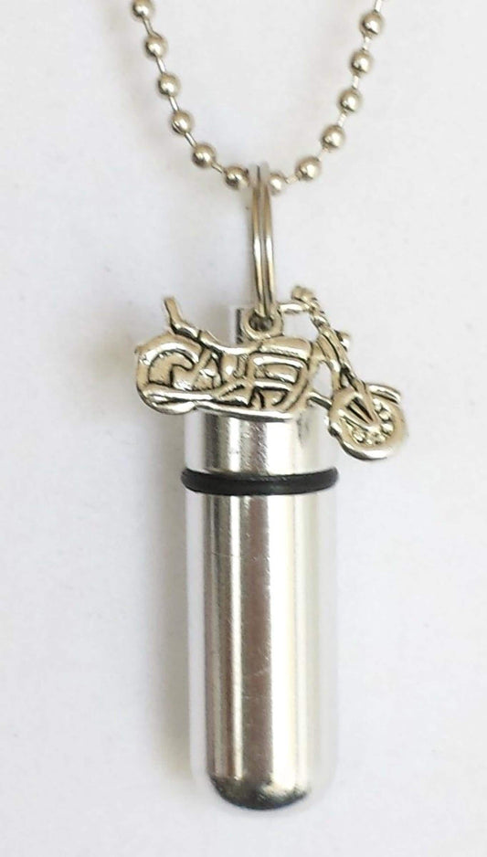 Cremation Necklace: Silver Motorcycle Urn Keepsake (Personalized Optional)