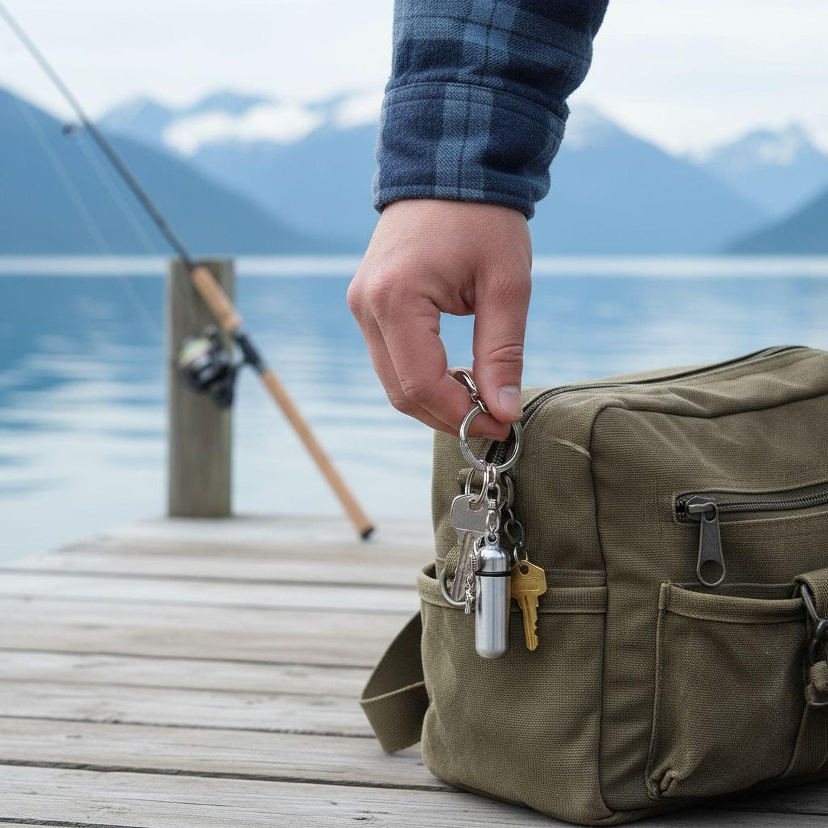 Brushed Silver Cremation Urn FISHERMAN Fishing on Stainless Steel Swivel Keyring - Custom Engravable