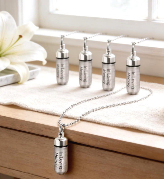 FIVE Brushed Silver Cremation Urn Necklaces "In Loving Memory"  Memorial Jewelry.