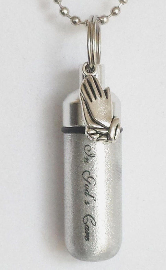 Engraved "In God's Care" w/Praying Hands, Cremation Urn Necklace - with Velvet Pouch and Fill Kit