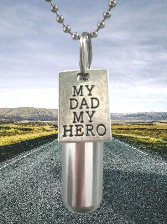 Memorial Ashes Pendant, 'My Dad My Hero' with Ball Chain & Velvet Pouch