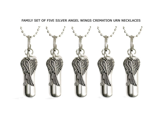 Cremation Urn Necklaces: Silver Angel Wings - Set of Five