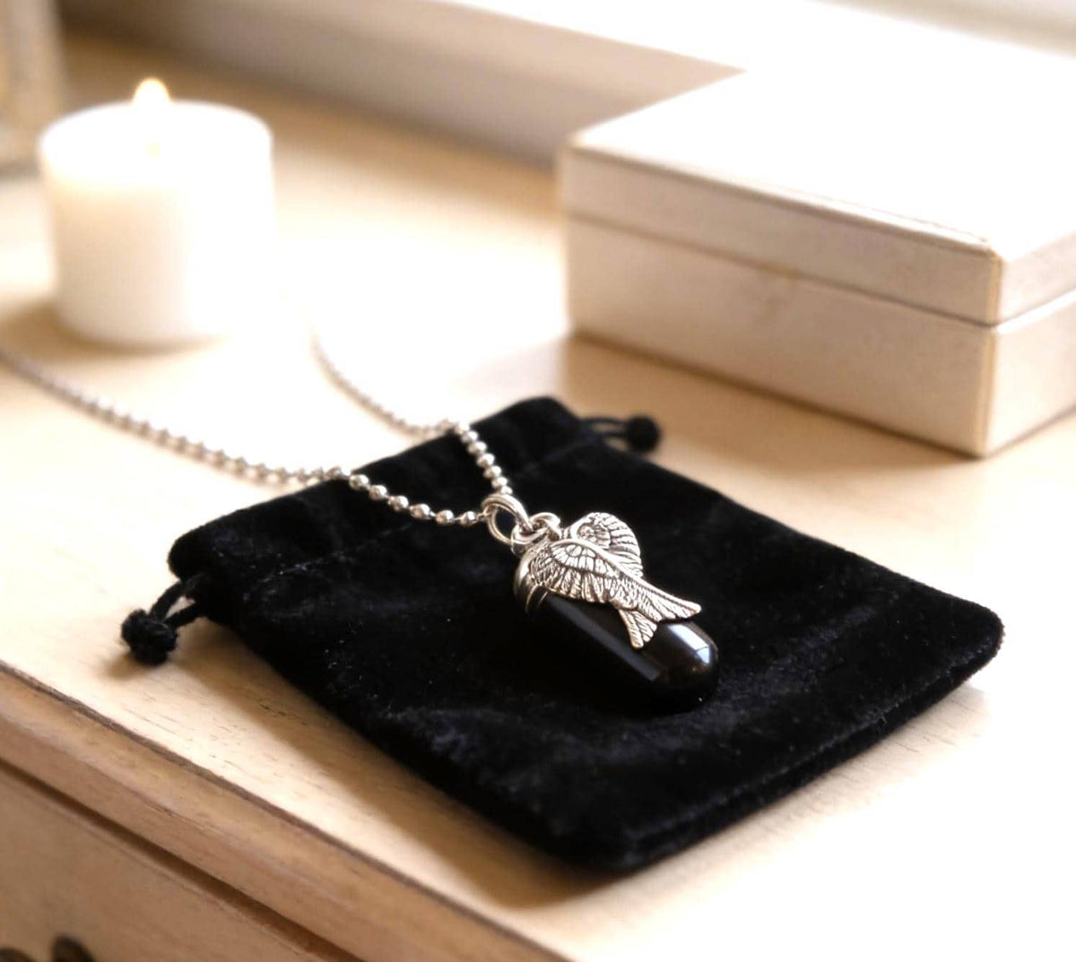 Angel Wings Cremation Urn Necklace - Black & Silver, Large Pendant