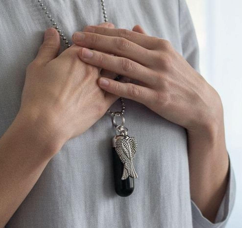 Angel Wings Cremation Urn Necklace - Black & Silver, Large Pendant