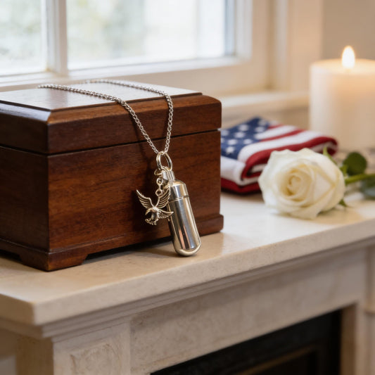 Silver Cremation Urn on 24" Curb Chain with AMERICAN EAGLE