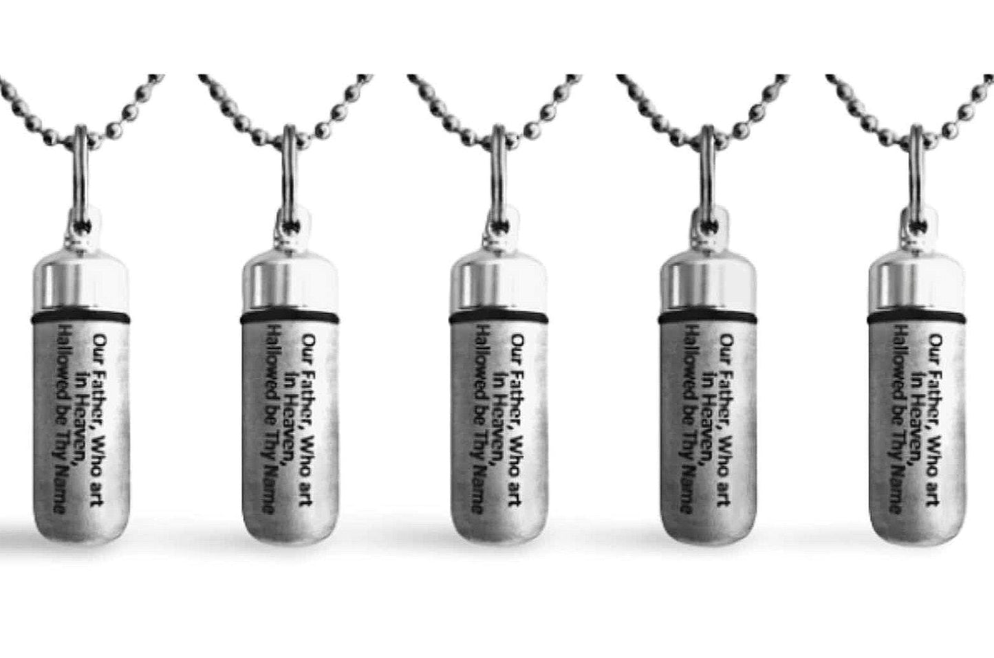 Set of 5 ENGRAVED Brushed Silver CREMATION URN Necklaces "Our Father Who Art in Heaven"  Mourning Jewelry