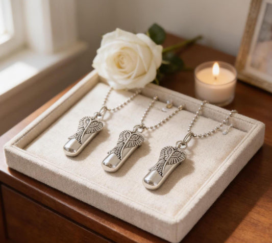 THREE Silver CREMATION URN Necklaces with Large Angel Wings - Memorial Jewelry, Custom Engraving!