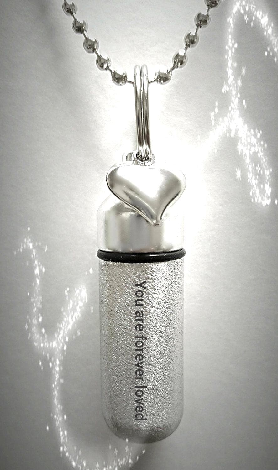 Set of FIVE Engraved Brushed Silver CREMATION URN Necklaces "You are forever loved" with Heart Charm - Memorial Jewelry, Ashes Necklace