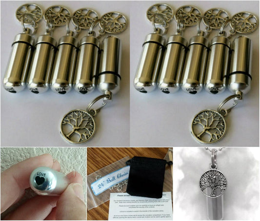 TEN Silver Tree Of Life CREMATION URN Necklaces w/Engraved Hearts - Memorial Jewelry