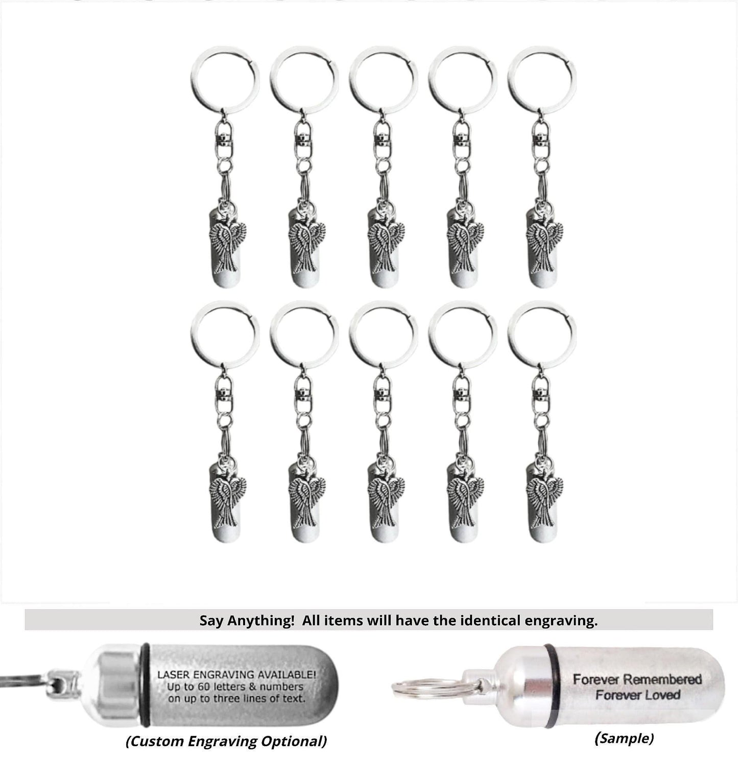 TEN Silver Cremation Urn on Swivel Keychains with Angel Wings - Mourning Keepsake, Child Urn, Pet Urn, Urn for Human Ashes, Personalized Urn