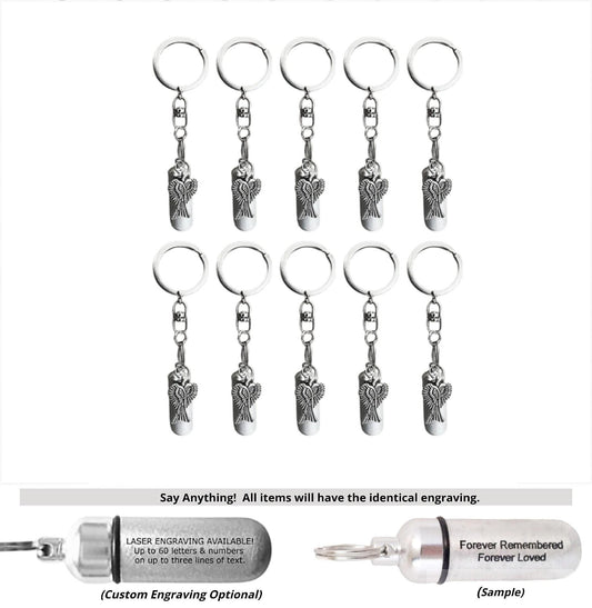 TEN Silver Cremation Urn on Swivel Keychains with Angel Wings - Mourning Keepsake, Child Urn, Pet Urn, Urn for Human Ashes, Personalized Urn