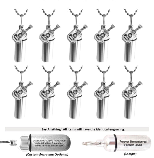 TEN Silver Acoustic/Folk Guitar CREMATION NECKLACES - Ashes Urn, Memorial Jewelry, Mourning Jewelry, Urn Keepsake, Laser Engraving Available