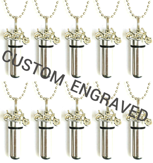 TEN Custom Engraved Silver Motorcycle CREMATION URN Necklaces with 24" Ball Chains - Memorial Jewelry,
