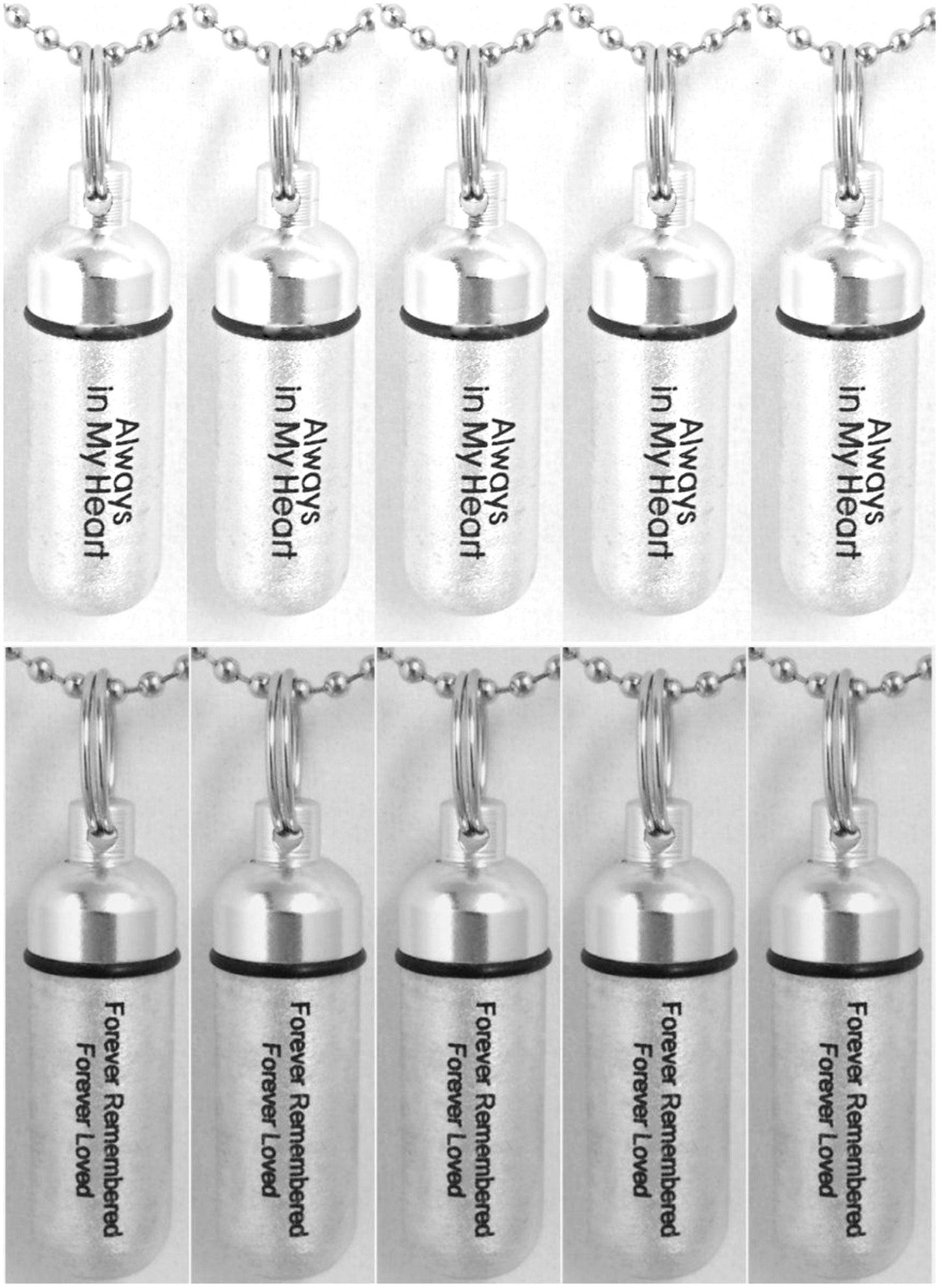 Set of 10 ENGRAVED Brushed Silver Cremation Urn Necklaces - FIVE "Forever Remembered, Forever Loved" & FIVE "Always In My Heart" w/Pouches