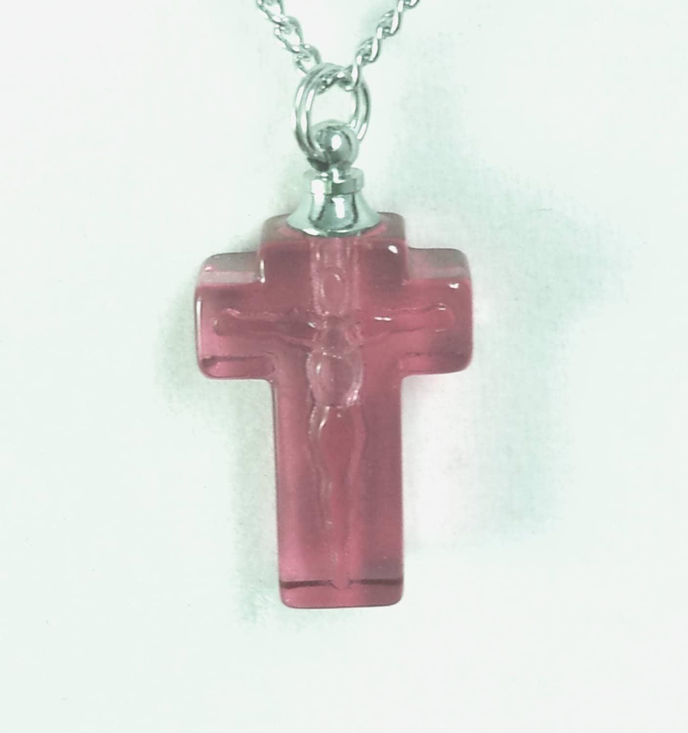 Rose/Pink  Crystal Mourning Cross CREMATION URN on 24" Curb Chain Memorial Necklace