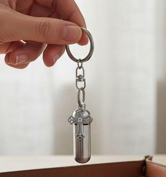 Cremation Urn Keychain: Silver Filigree Cross Design - Personalization Available