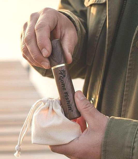 Engraved GONE FISHIN'  Natural Walnut Cremation Urn / Scattering Tube - Fits in Pocket, TSA Compliant w/Pouch