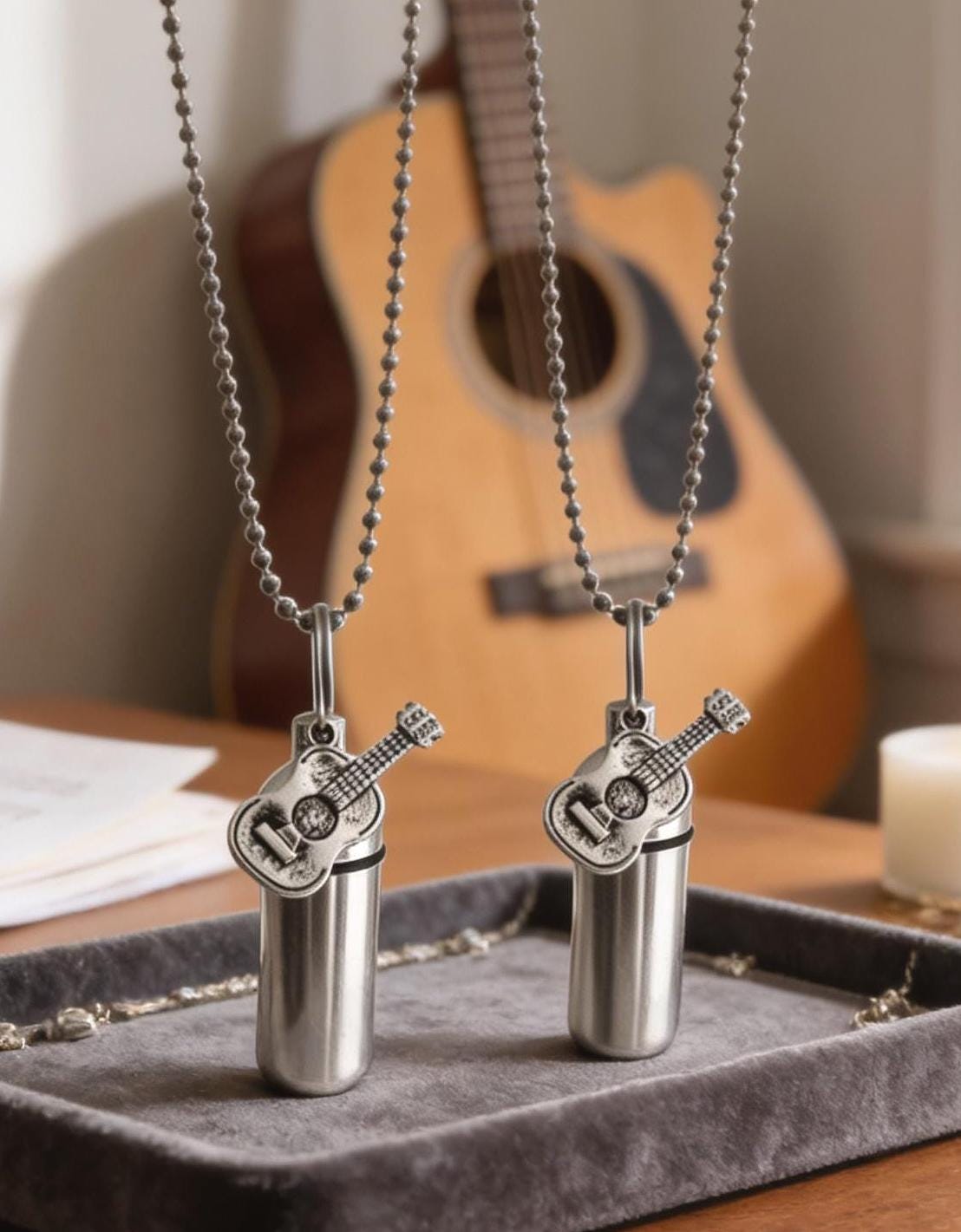 TWO Silver CREMATION URN Necklaces with Acoustic Guitars - Memorial Jewelry, Custom Engravable