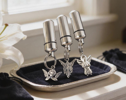 Trio of ANGELS Cremation Urns with Engraved "Love Hearts" in Velvet Pouches with Fill Kit