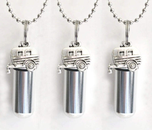 Cremation Urn Necklace: Silver Camper, Ashes Holder - Custom Engraving