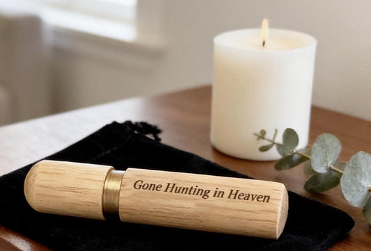Engraved Cremation Urn: Gone Hunting in Heaven (Natural Sandalwood, TSA Compliant)