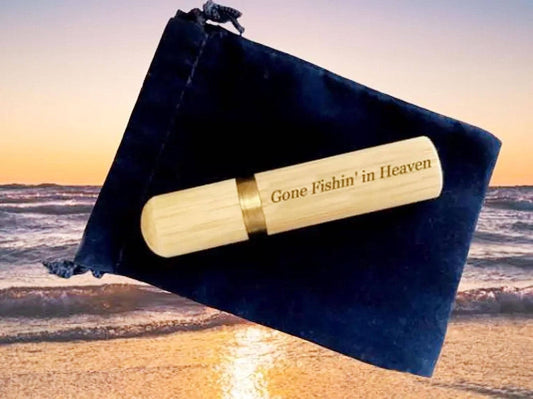 Engraved Sandalwood Cremation Urn: "Gone Fishin' in Heaven" Scattering Tube - TSA Approved for Travel