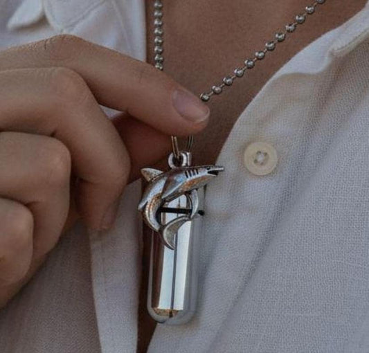Silver Shark Cremation Urn Necklace (24" Chain, Ashes Keepsake