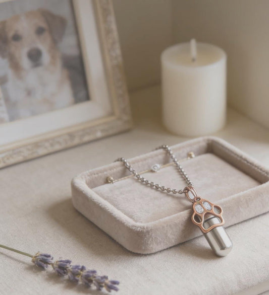 Silver Cremation Urn on 24" Ball-Chain Necklace with Gold Pet Paw - Personalized Urn