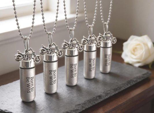 FIVE ENGRAVED Brushed Silver Cremation Urn Necklaces "Born To Be Wild" with Motorcycle - Memorial Jewelry
